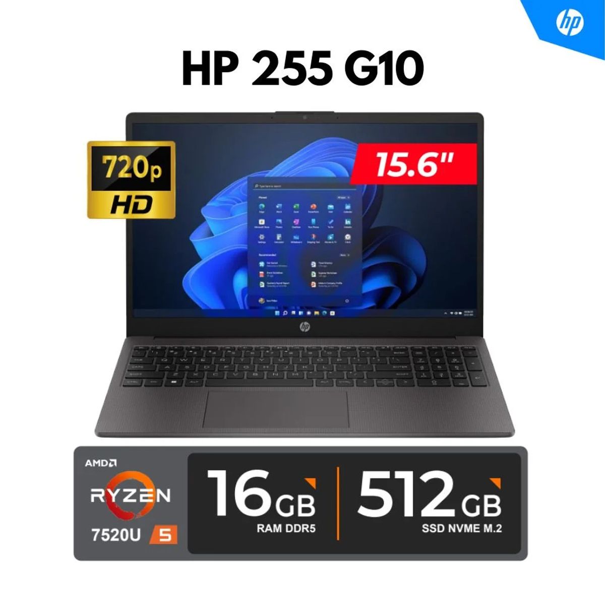HP - LAPTOP HP 255 G10  RYZEN 5-7520U RAM 16GB SSD 512GB PANTALLA 15.6 "
