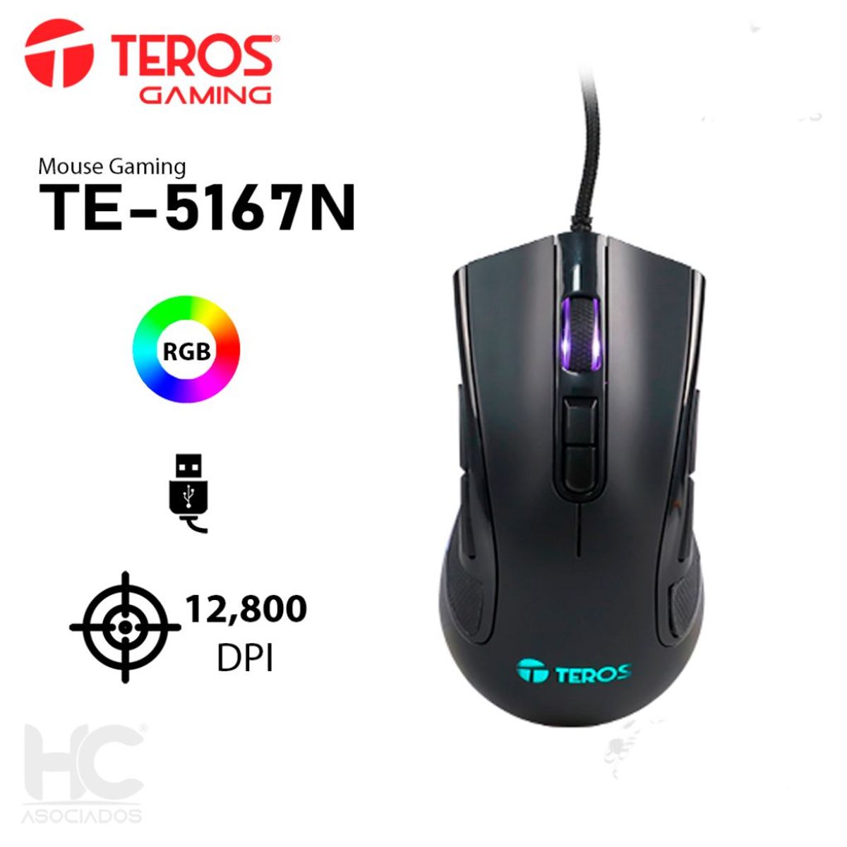 TEROS - Mouse Gamer Teros Te-5167N Óptico Usb 12800 Dpi Rgb Negro