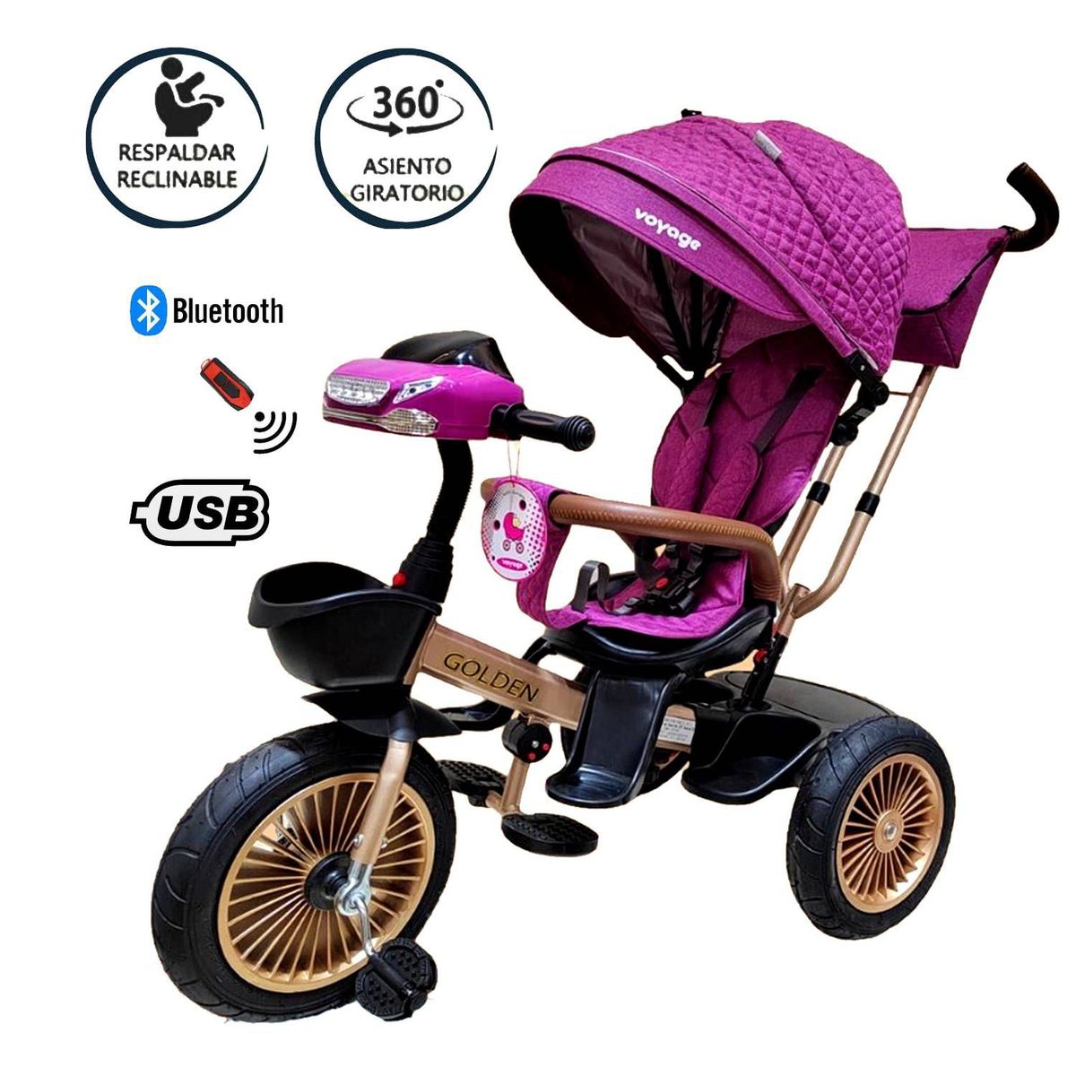 VOYAGE - Triciclo Asiento Giratorio Voyage GOLDEN con Tela UV Fucsia