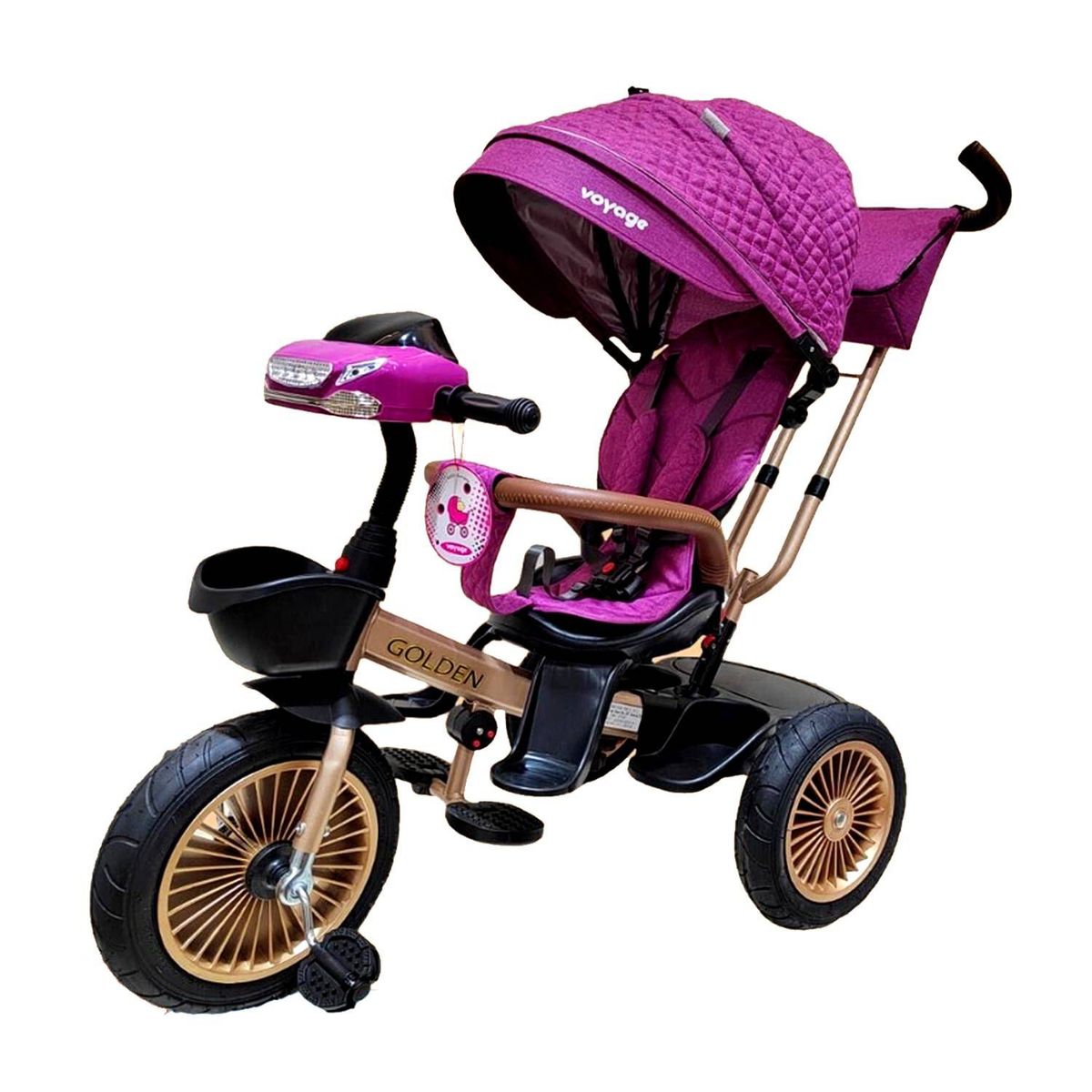 VOYAGE - Triciclo Asiento Giratorio Voyage GOLDEN con Tela UV Fucsia