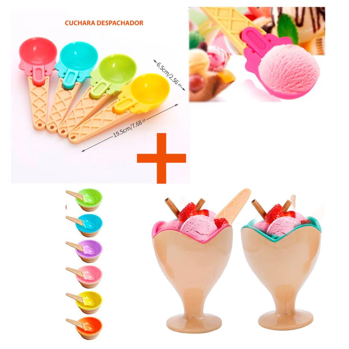 GENERICO - Kit 1 Cuchara Despachadora + 3 Vasos con Cucharitas Para Helado