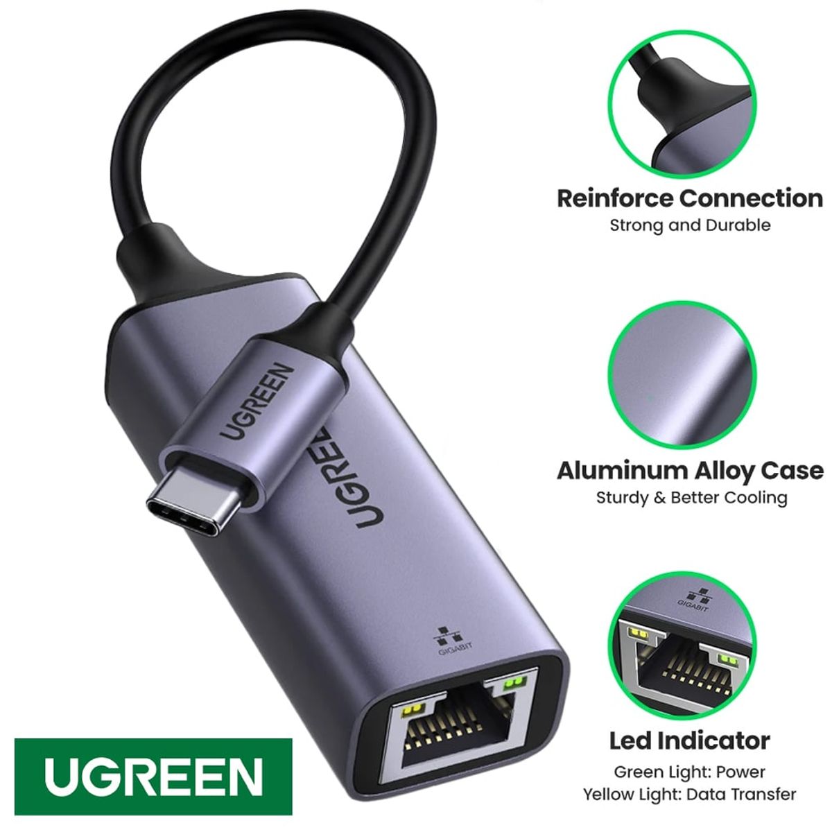 UGREEN - Adaptador Usb 3.1 tipo C a Rj45 UGREEN GIGABIT Lan Ethernet 1,000 MBPS