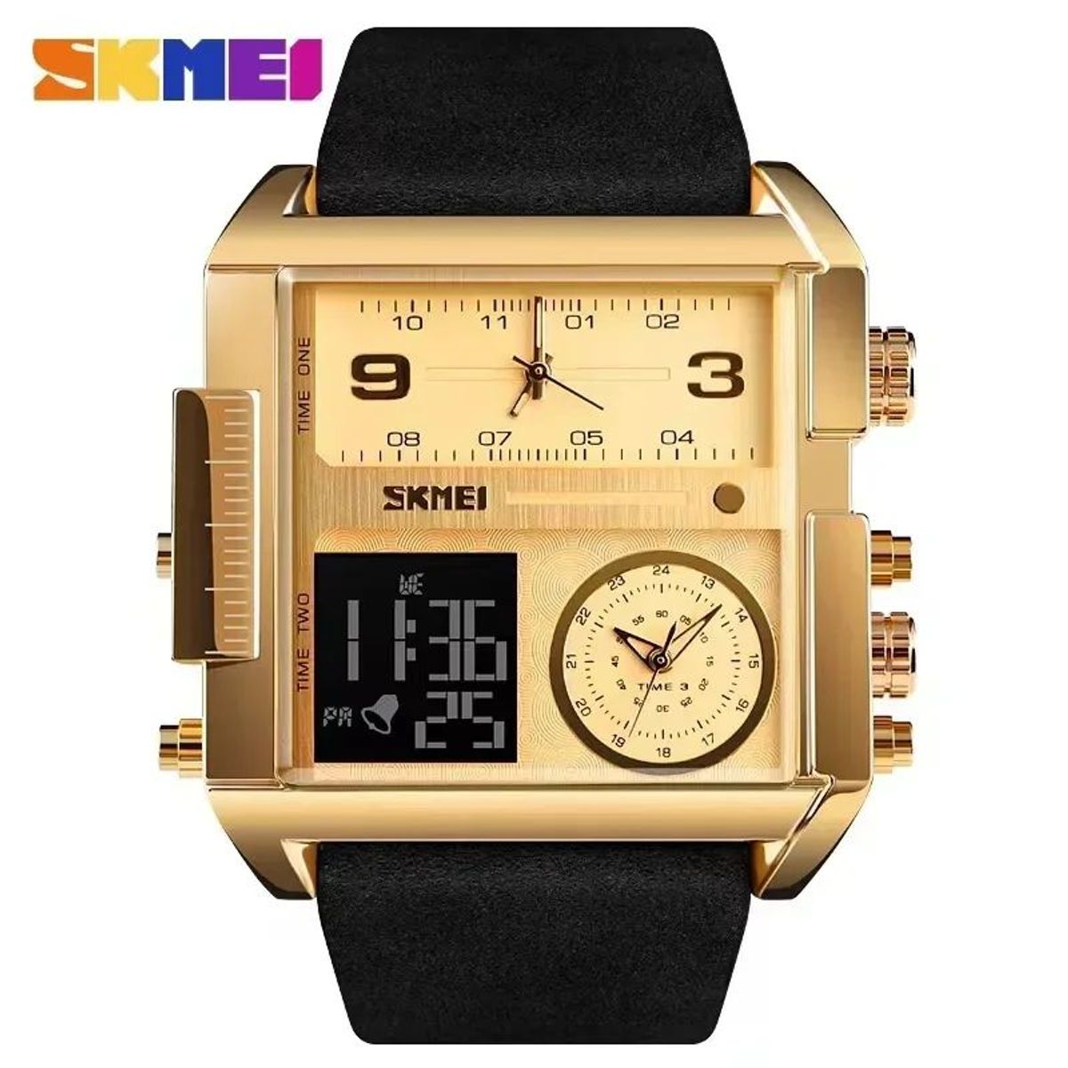 SKMEI - Reloj Skmei 1391 Dorado Correa Cuero Digital Analogo Multifunción_.
