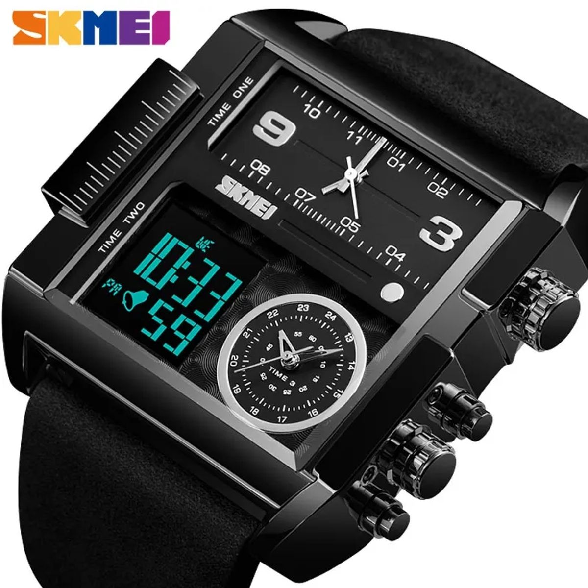 SKMEI - Reloj Skmei 1391 Negro Correa Cuero Digital Analogo Multifunción