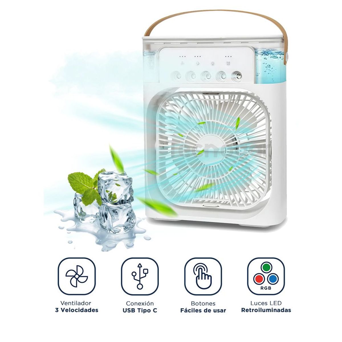 GENERICO - Ventilador Enfriador Humidificador 3 en 1 con Luz LED RGB Temporizador