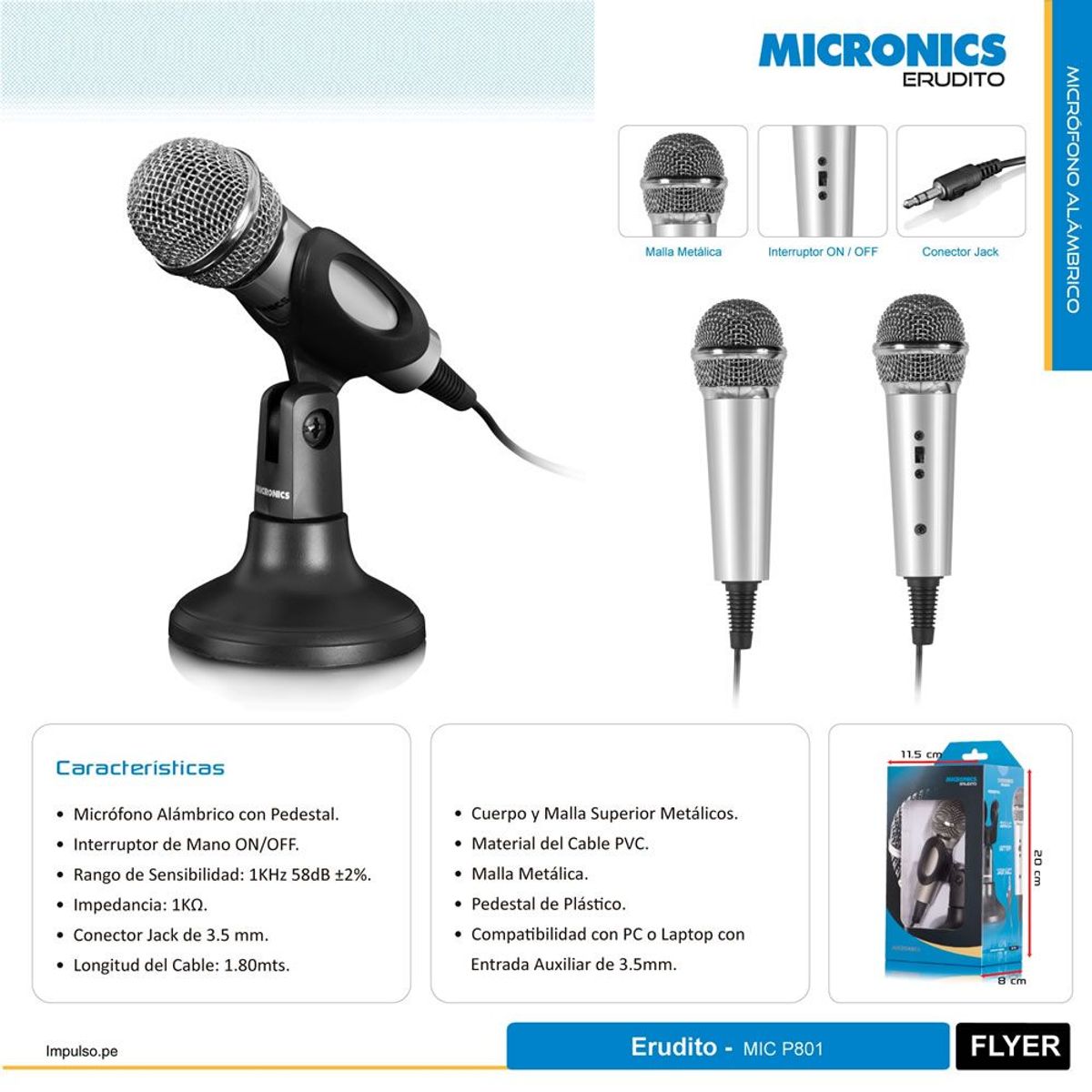 MICRONICS - Micrófono Alámbrico Pedestal Erudito MIC P801 Negro