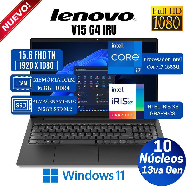 LENOVO - Laptop Lenovo V15 G4 IRU 15.6" FHD TN, Intel Core i7-1355U, 13va Gen, Ram 16GB, SSD 1 TB, Win 11 Pro