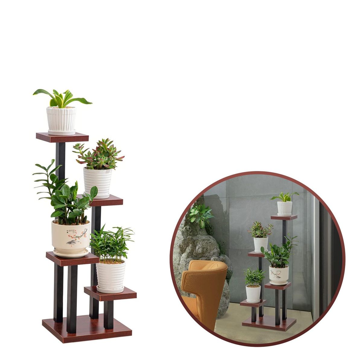 BUYPAL - Estantes para Macetas Pequeño Diseño Escalonado 4 Espacios Marron