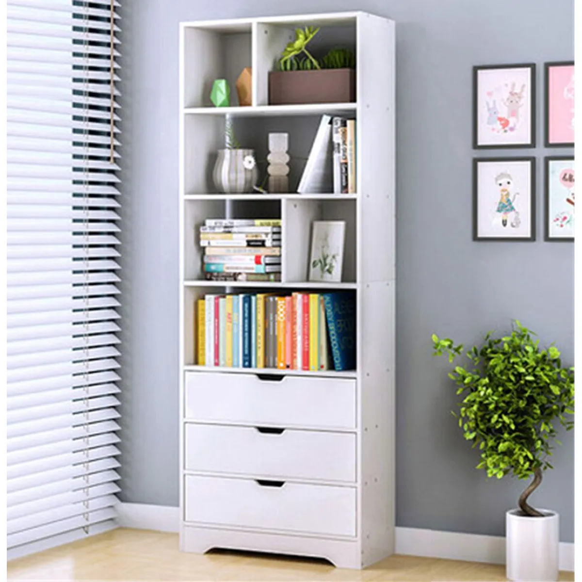 TU MESITA - Moderno Librero 4 Repisas 3 Cajones Atom color Blanco TU MESITA