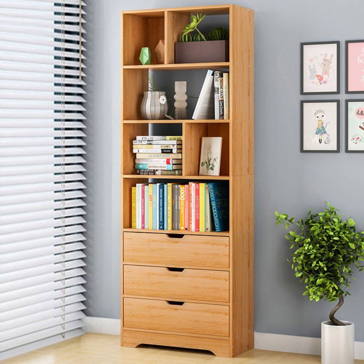 TU MESITA - Moderno Librero 4 Repisas 3 Cajones Atom color Duna TU MESITA