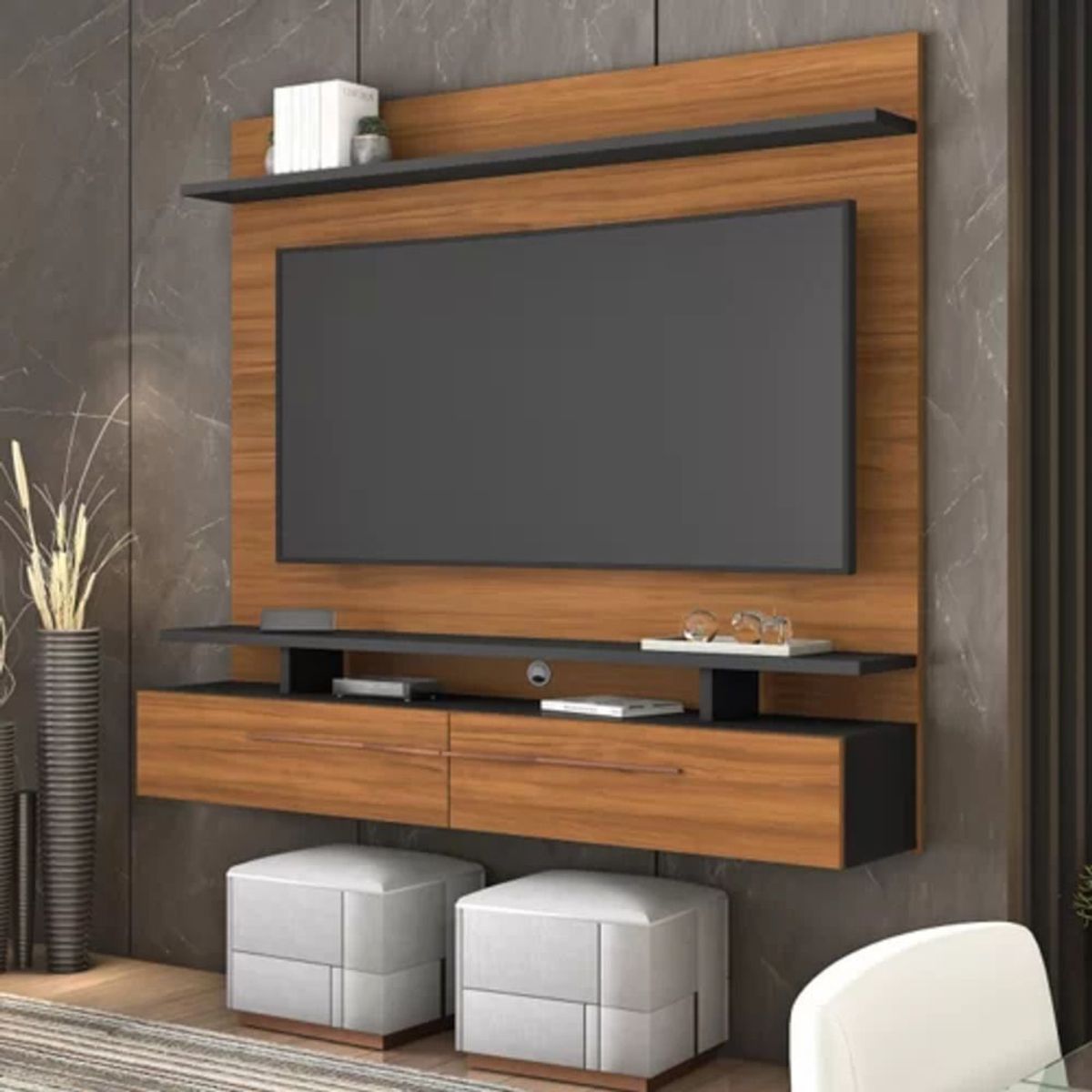 TU MESITA - Mueble para TV Flotante 2 Cajones Argos color Haya/Negro TU MESITA