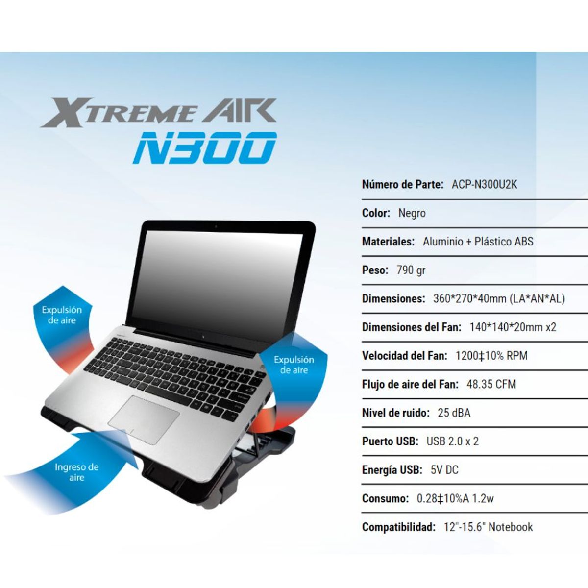 ANTRYX - COOLER DE ALUMINIO PARA LAPTOP 6 NIVELES ANTRYX XTREME AIR N300 NEGRO