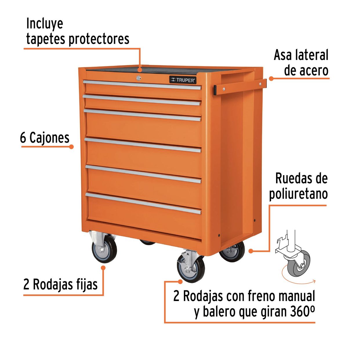 TRUPER - Gabinete metalico movil 6 cajones soporta 130 Kg truper