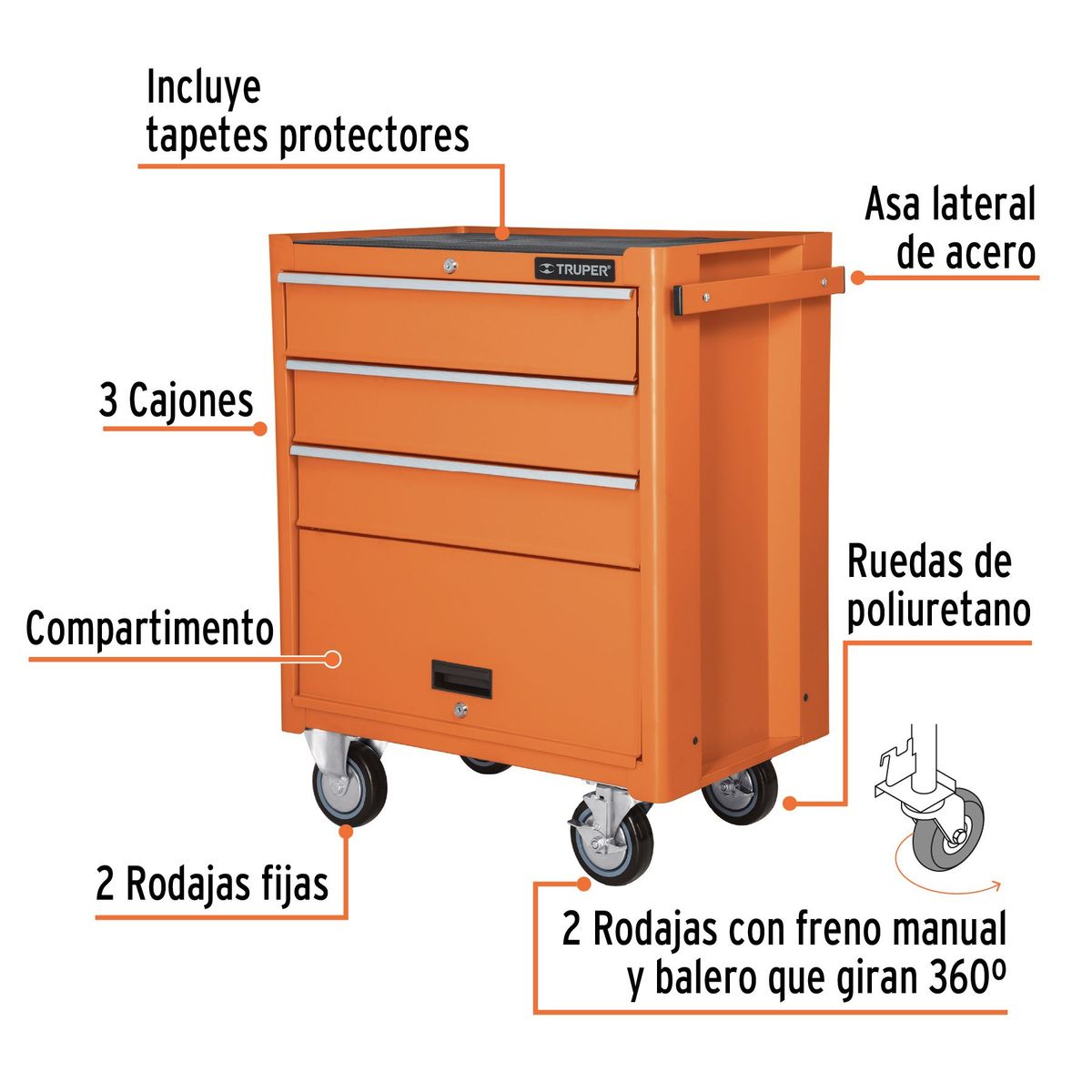 TRUPER - Gabinete metalico movil 4 cajones soporta 90 Kg truper