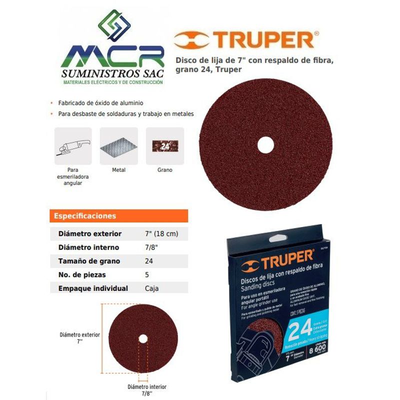 TRUPER - Disco de lija de 7" con respaldo de fibragrano 24 (5 UND) Truper