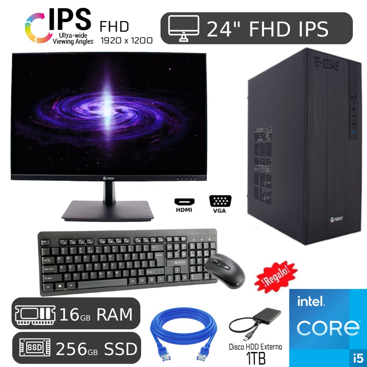 INTEL - COMPUTADORA PC i5 16GB 256GB SSD +1TB HDD EXTERNO Monitor + IPS 24 1920x1200