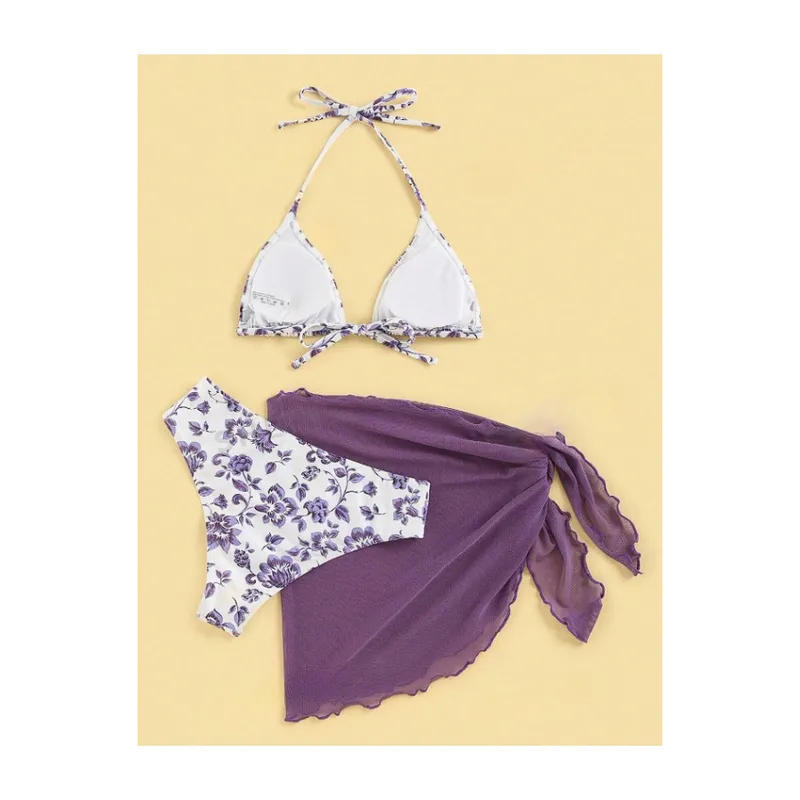 KAST PE - Bikini Telma Morado de 3 piezas con estampado de flores - Talla M