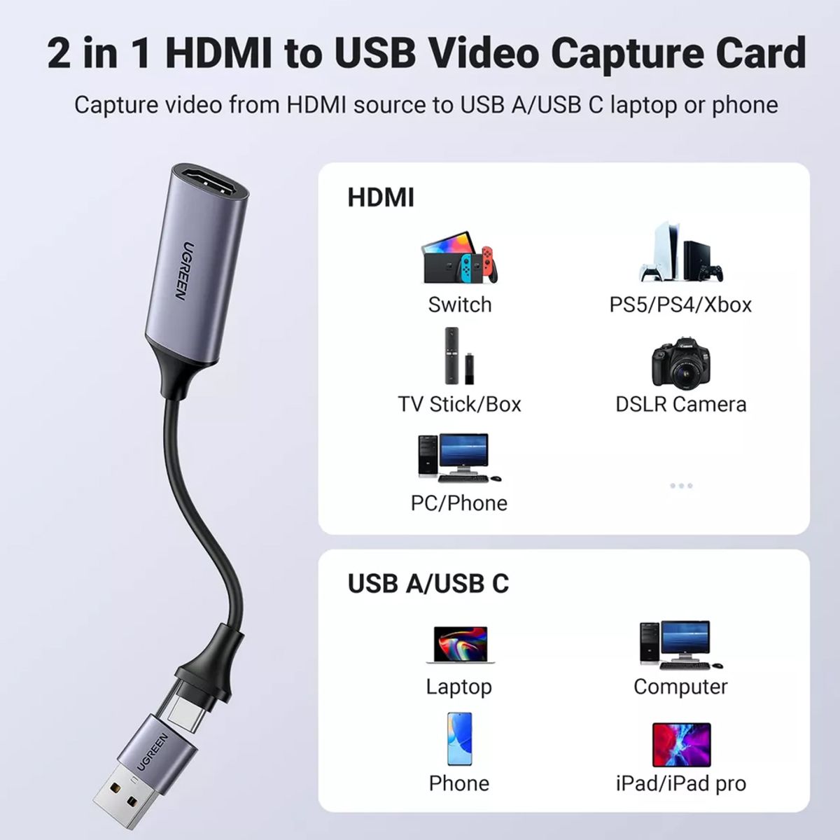 UGREEN - Capturadora de Video Usb 3.0 Hdmi Capture 4k UGREEN 2 en 1 tipo c usb
