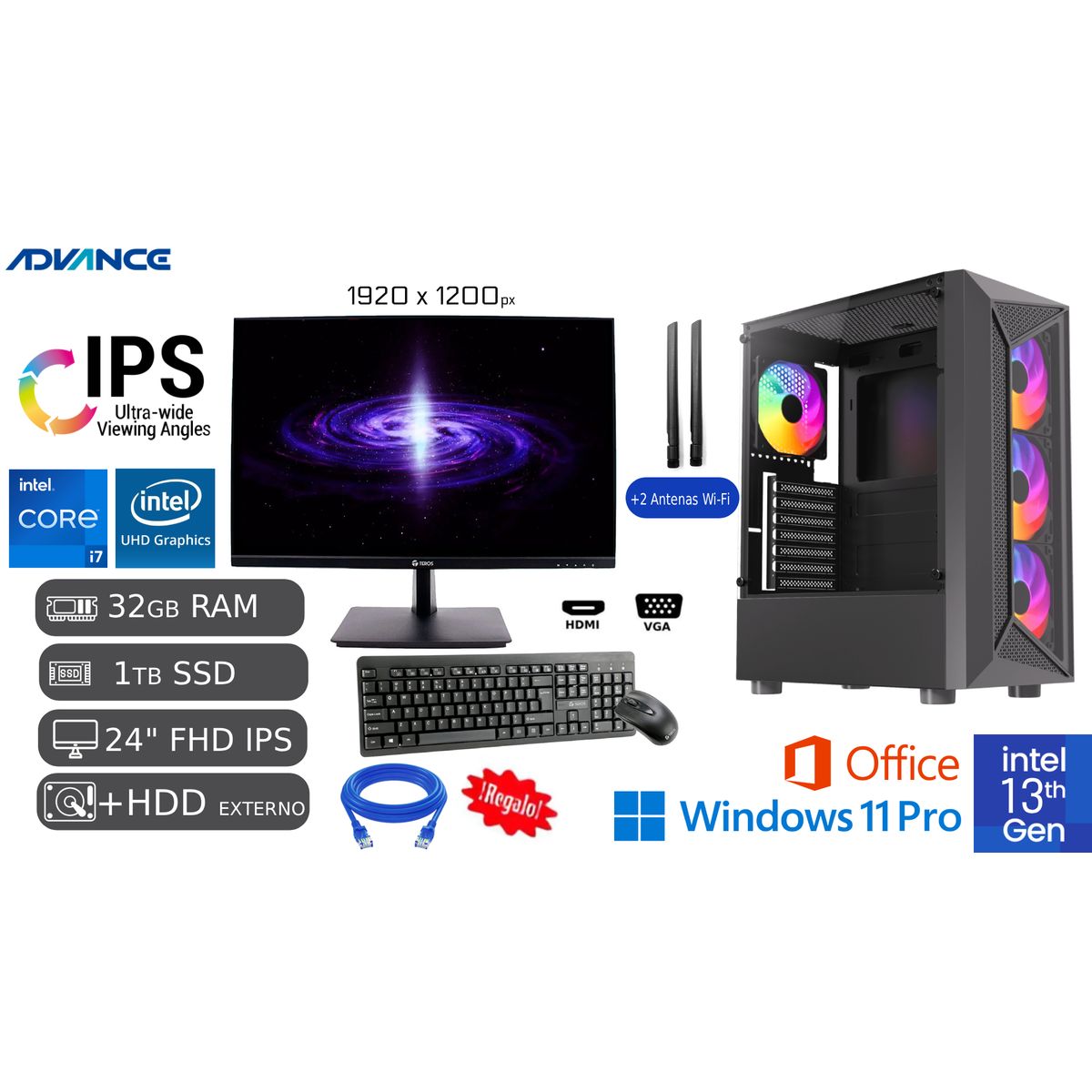 INTEL - PC Nueva Ci7-13600 32GB Ram 1TB SSD + 1TB HDD EXTERNO + WIFI + Monitor 24 FHD IPS