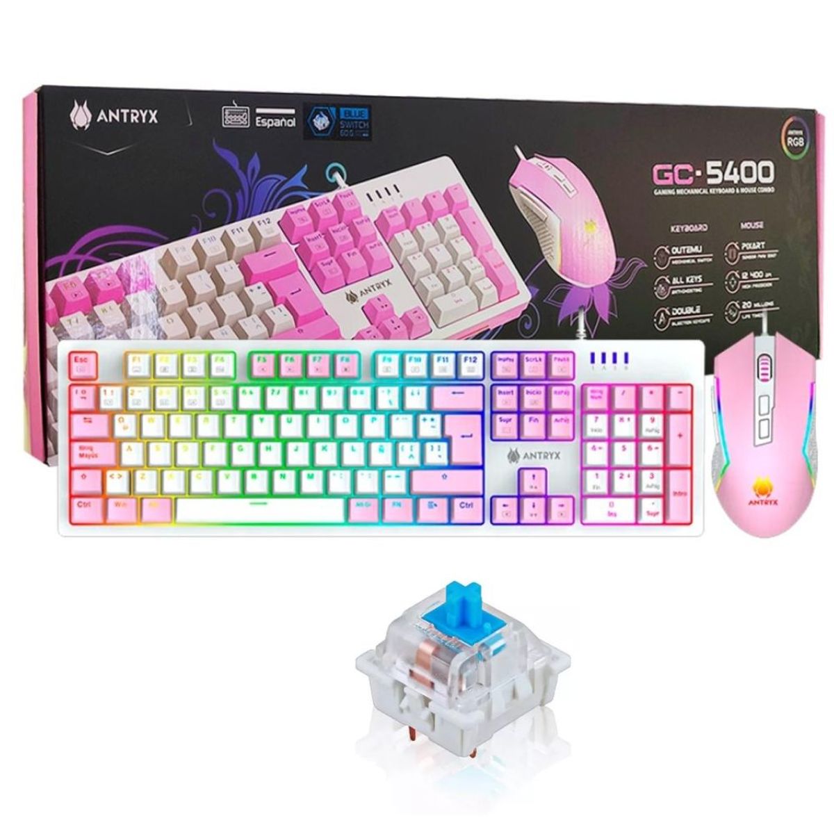 ANTRYX - COMBO GAMER PINK TECLADO MECANICO  MOUSE ANTRYX GC-5400 SWITCH AZUL