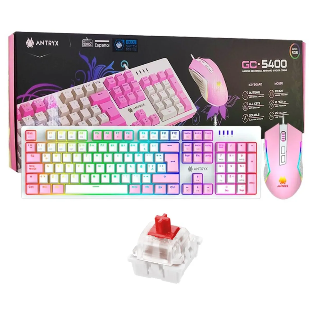 ANTRYX - COMBO GAMER PINK TECLADO MECANICO  MOUSE ANTRYX GC-5400 SWITCH ROJO