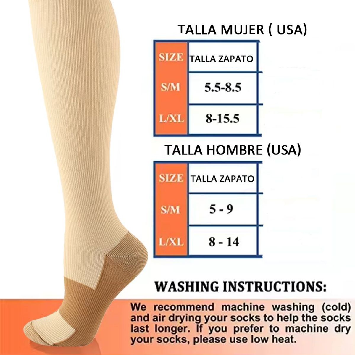 GENERICO - Medias de compresión Talla L-XL - BEIGE con Fibra de cobre