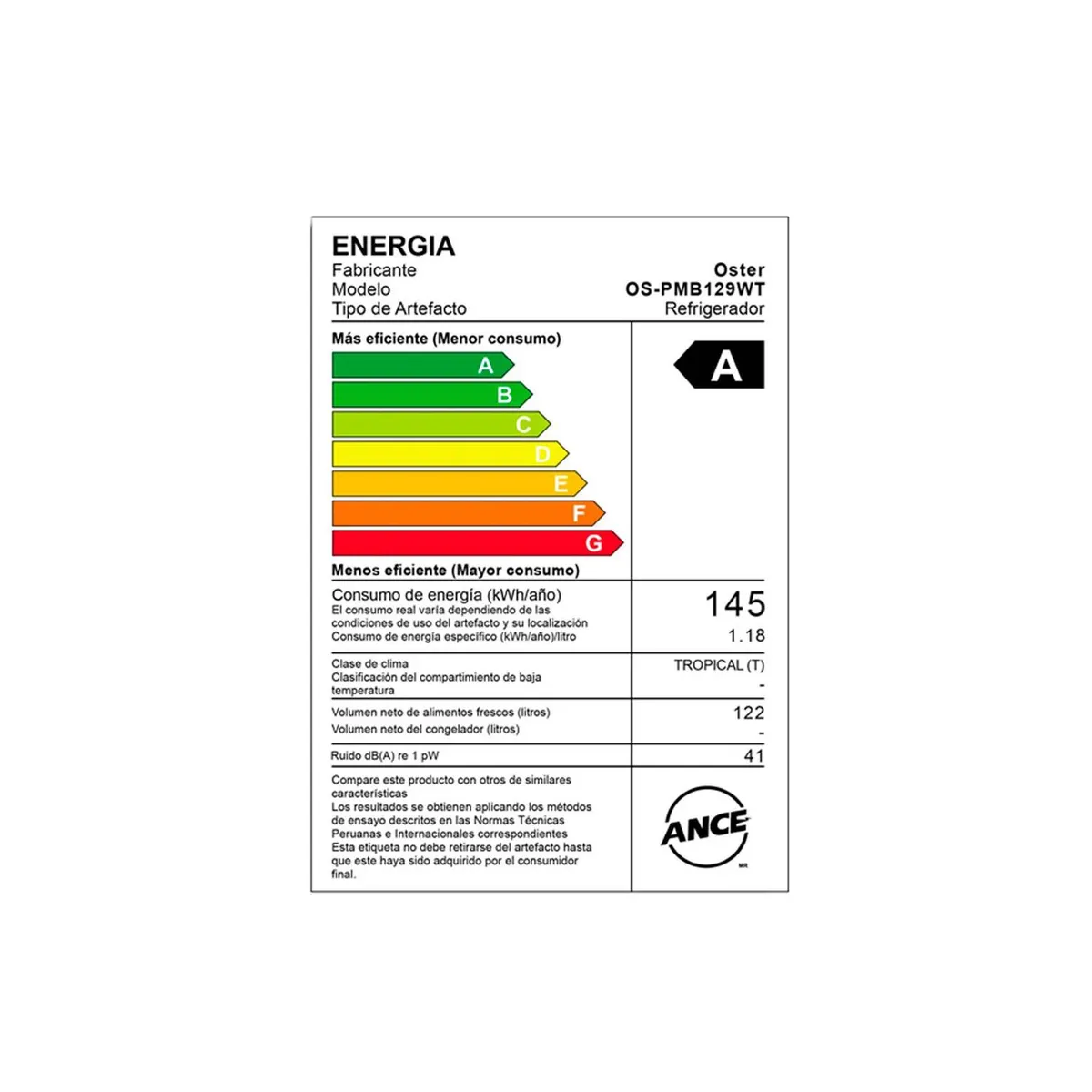 OSTER - Frigobar Oster 122 Litros OS-PMB129WT Blanco