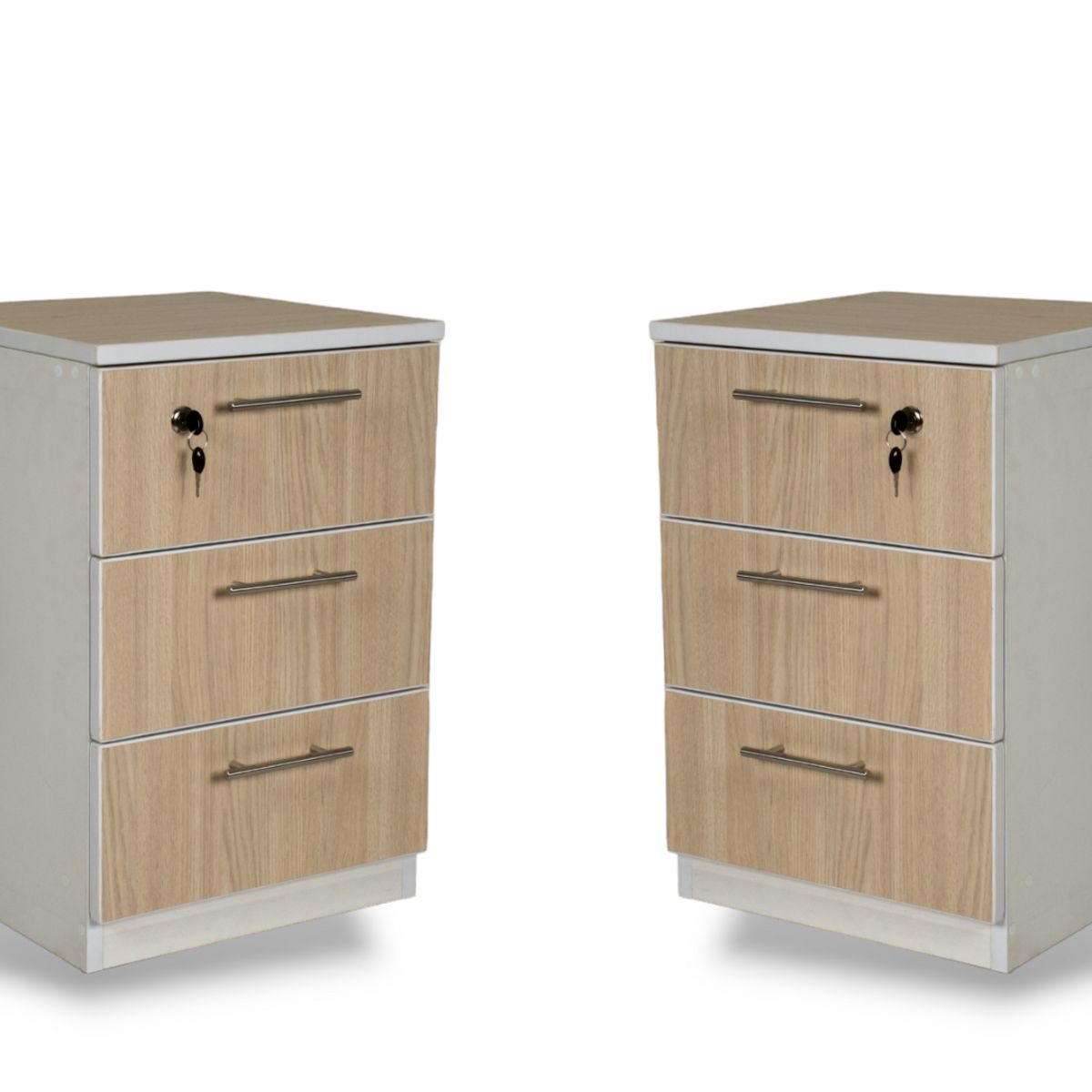 MUEBLES MACRUMO - Veladores 3 Cajones + Cerradura. Color Arena (Set x2)