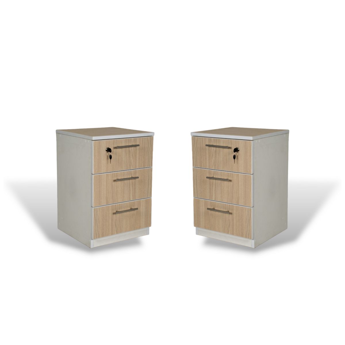 MUEBLES MACRUMO - Veladores 3 Cajones + Cerradura. Color Arena (Set x2)