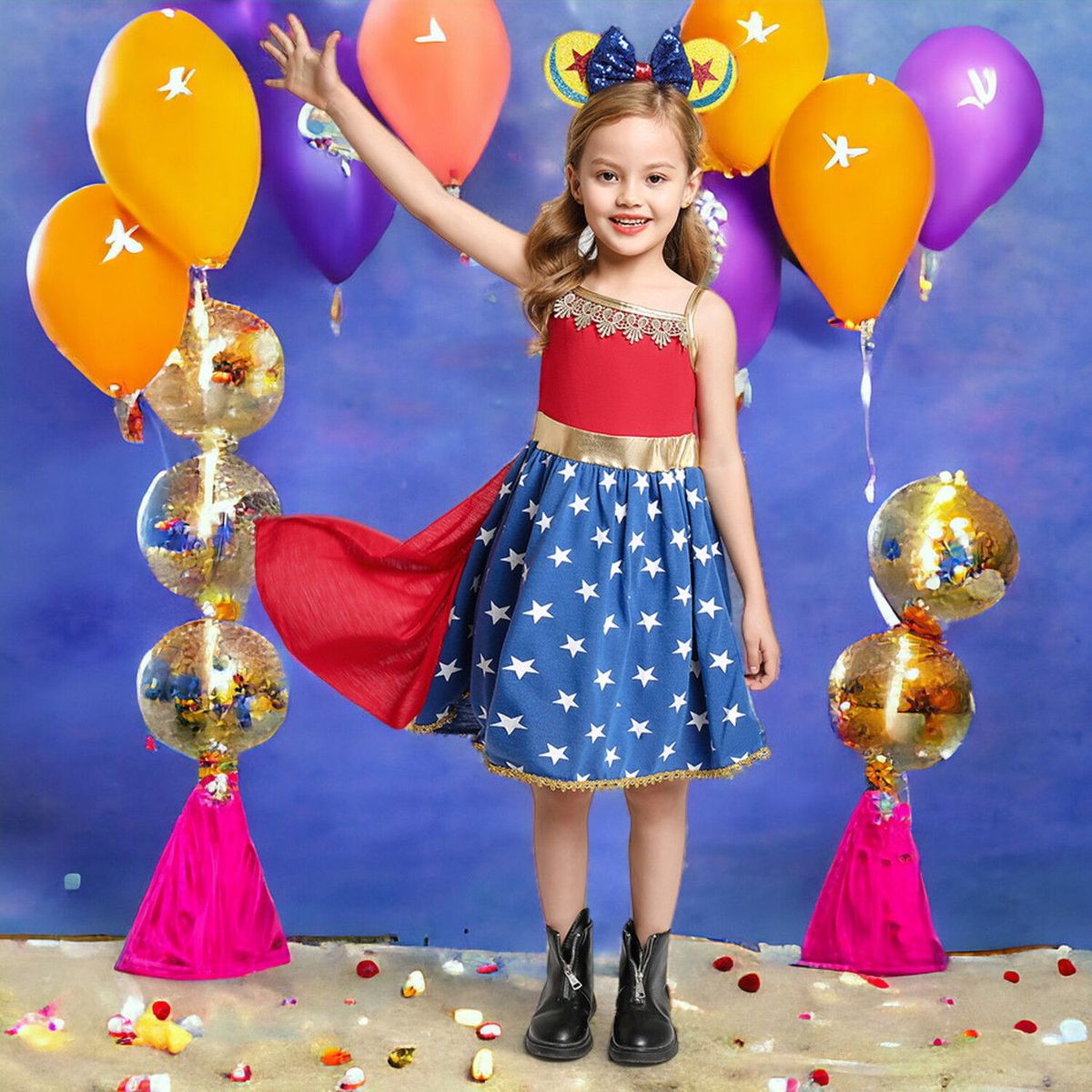 GENERICO - Disfraz de NIña Mujer Maravilla  3 Piezas ( Vestido + Capa + Vincha )