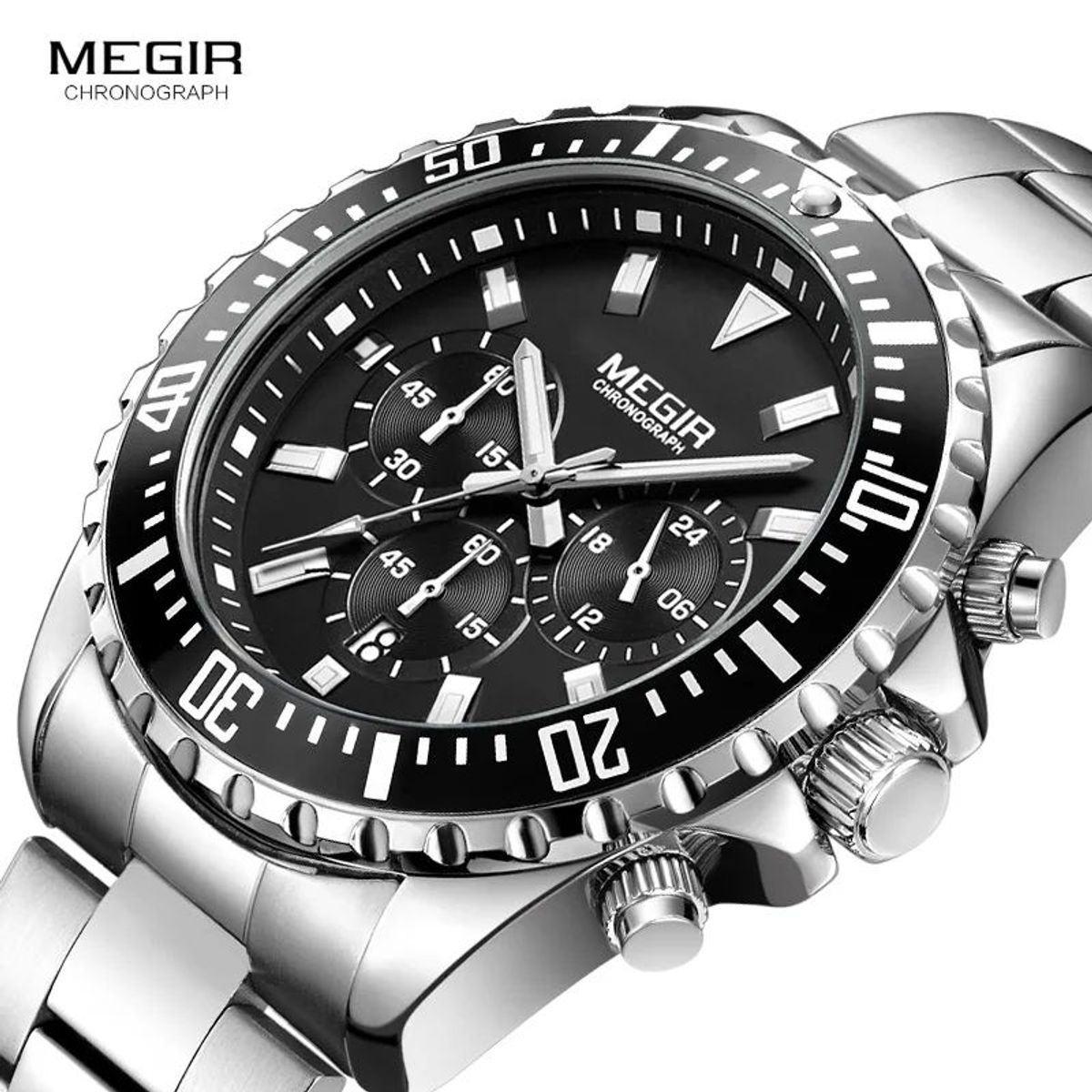 MEGIR - RELOJ HOMBRE MEGIR 2064G PLATEADO FONDO NEGRO CON CRONOGRAFO