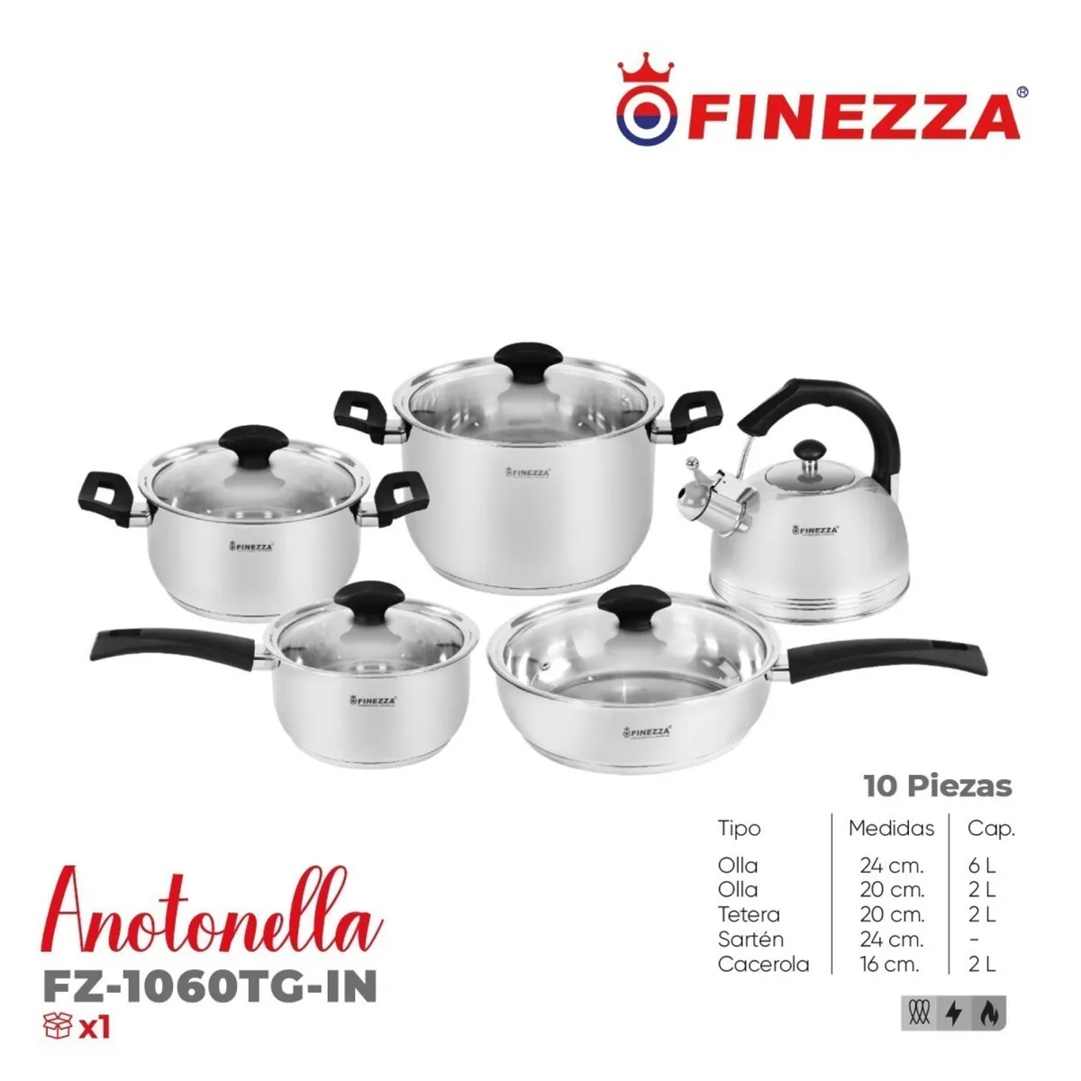 FINEZZA - Set Olla Acero Inoxidable Finezza 10 piezas  FZ-1060TG-IN