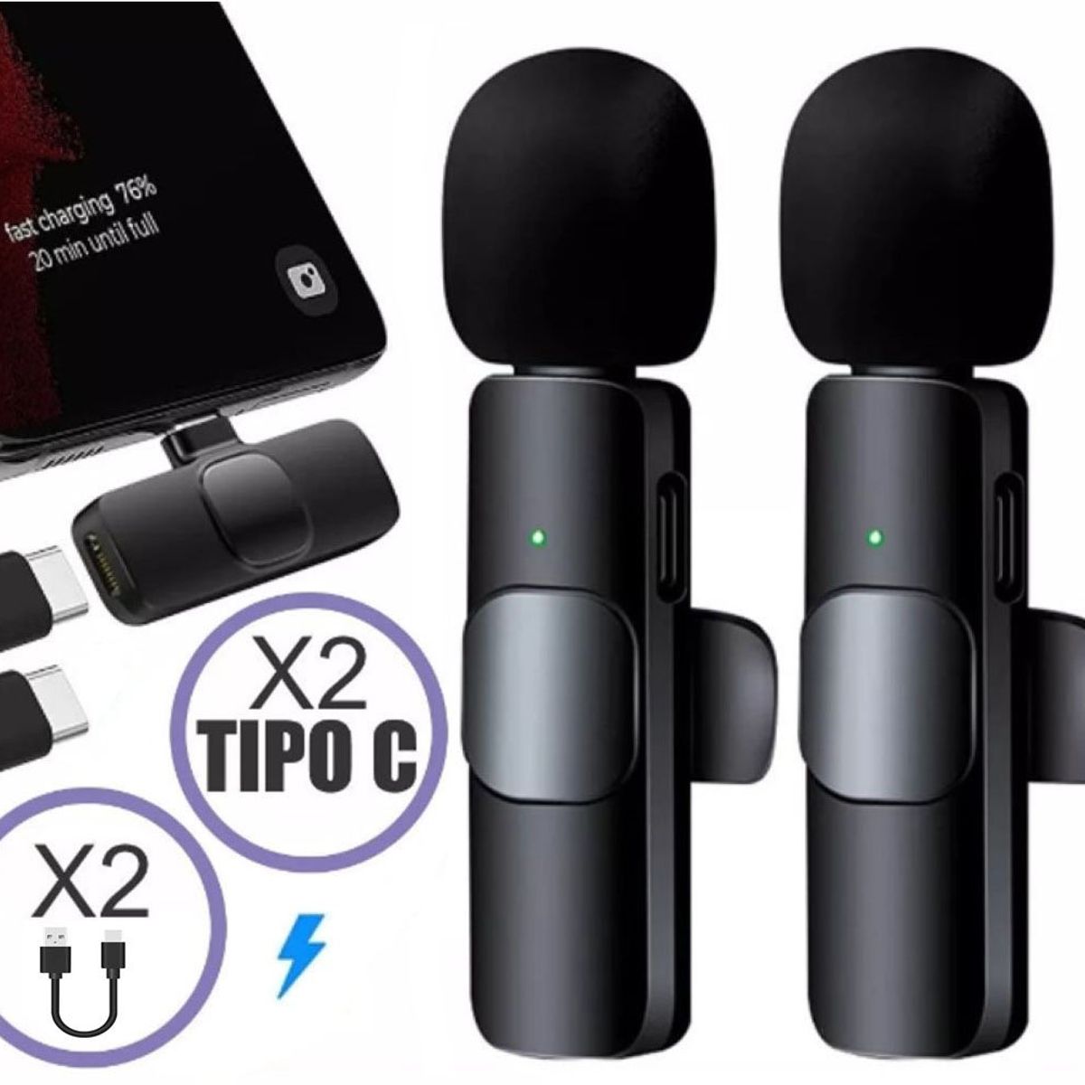 NANOTRON TECHNOLOGIES - Micrófonos Inalámbricos 2 en 1 K9 Tipo C con cable doble de carga