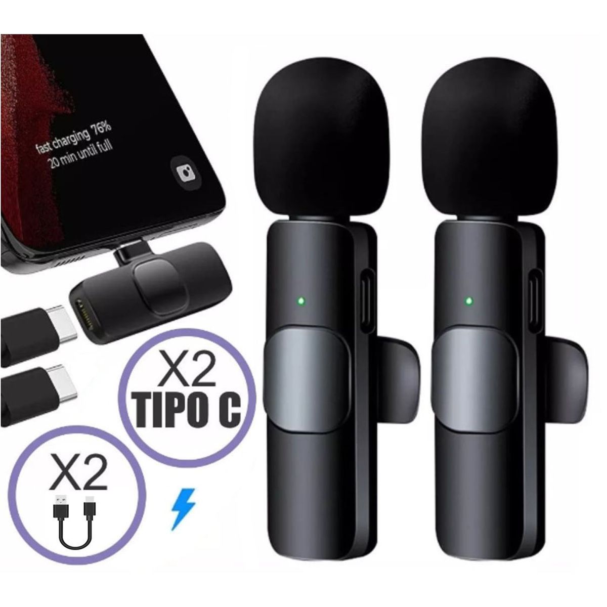 NANOTRON TECHNOLOGIES - Micrófonos Inalámbricos 2 en 1 K9 Tipo C con cable doble de carga