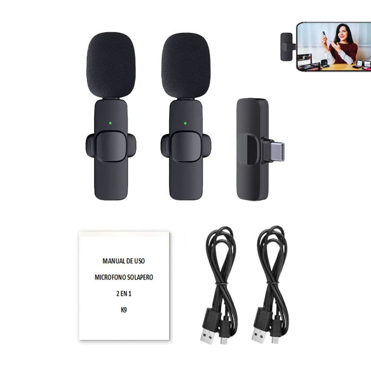 NANOTRON TECHNOLOGIES - Micrófonos Inalámbricos 2 en 1 K9 Tipo C con cable doble de carga