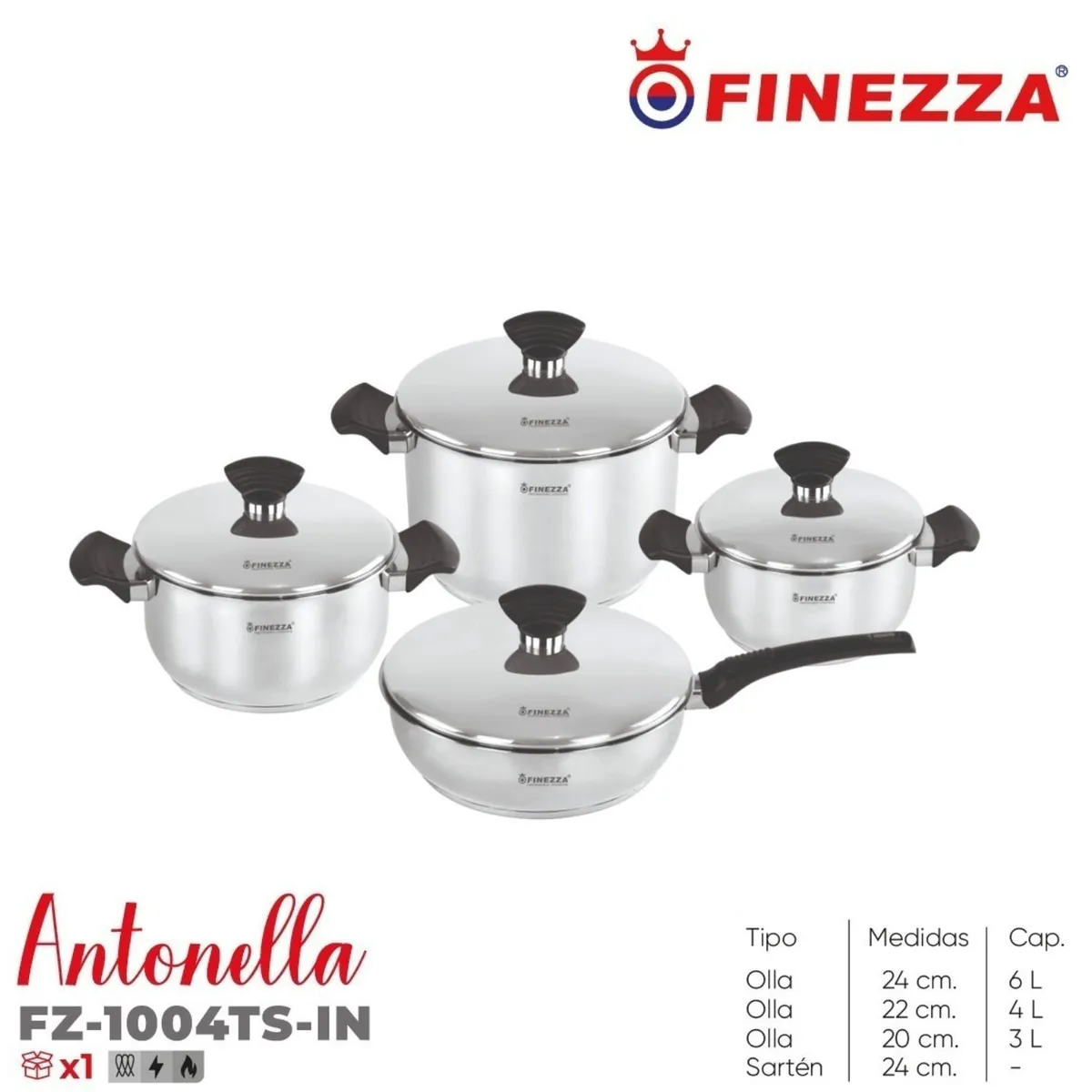 FINEZZA - Ollas de acero Inox Finezza Antonella FZ-1004TS-IN 8 Piezas