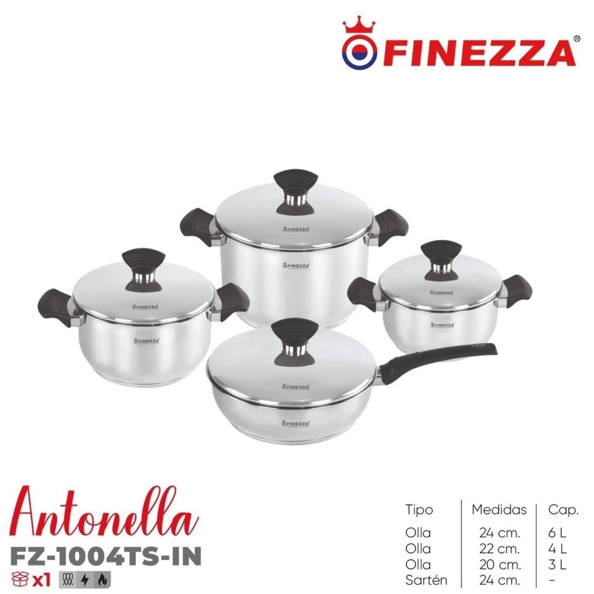 FINEZZA - Ollas de acero Inox Finezza Antonella FZ-1004TS-IN 8 Piezas