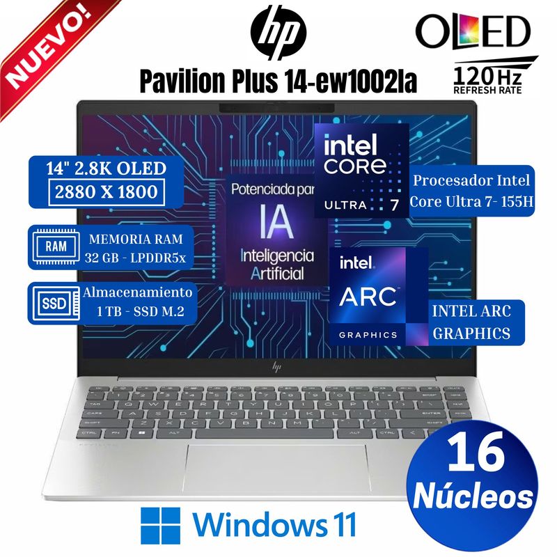 HP - Laptop HP Pavilion Plus 14-ew1002la 14” 2.8K OLED, Core Ultra 7-155H, Ram 32GB, Ssd 1 TB, Win 11