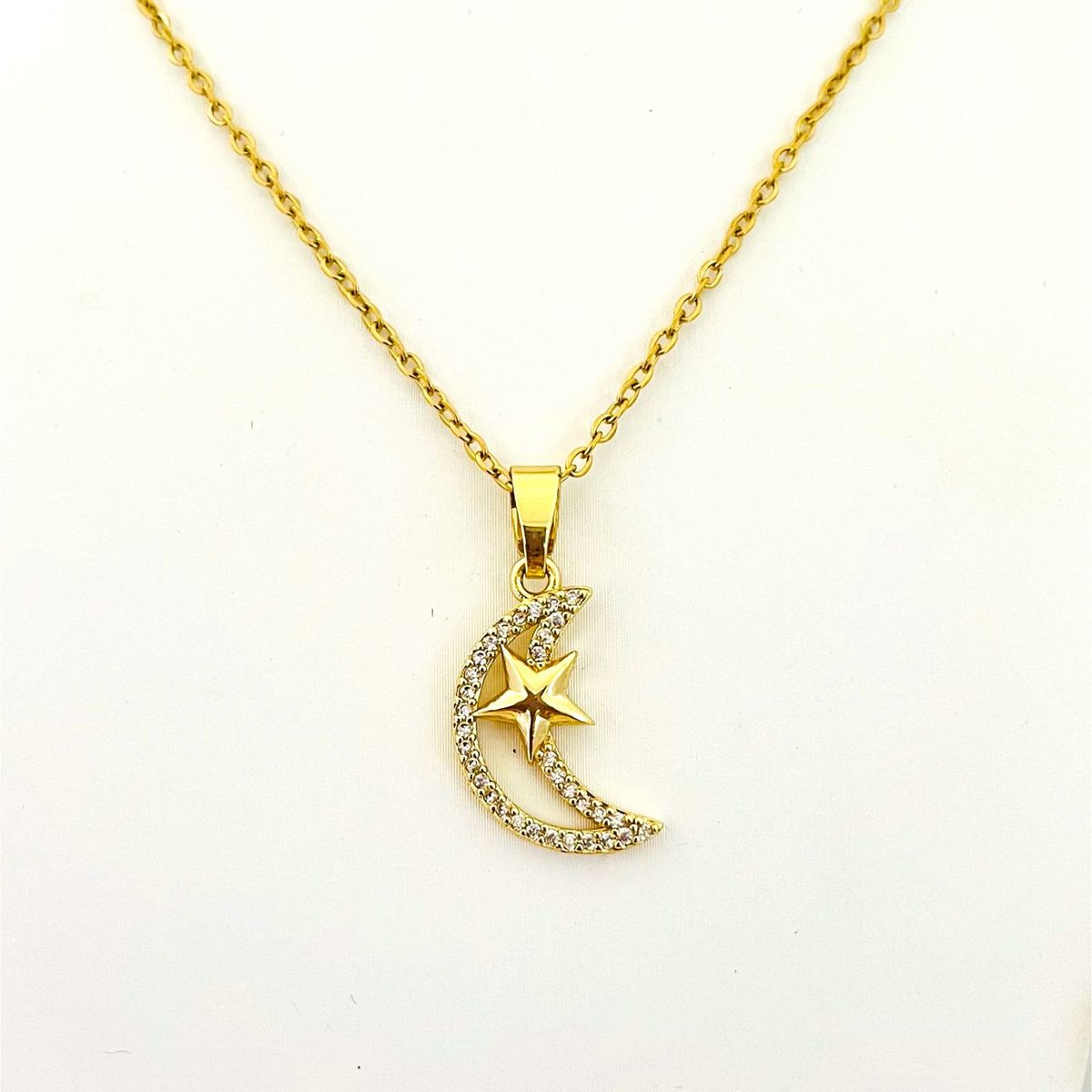 GENERICO - Collar de Acero Luna y Estrella Cristales 43 cm