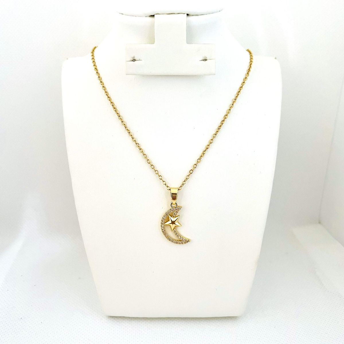 GENERICO - Collar de Acero Luna y Estrella Cristales 43 cm