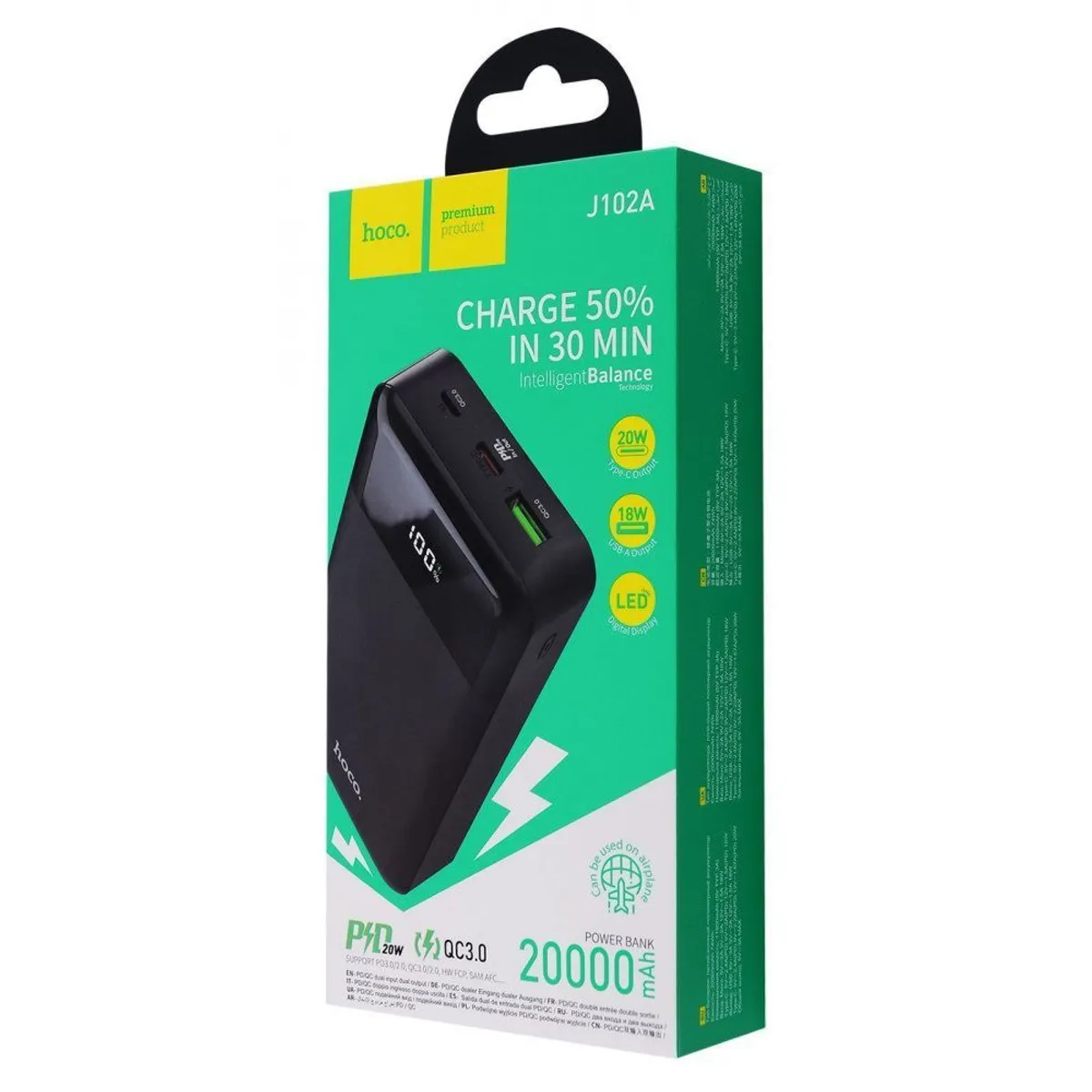 HOCO - Power Bank 20000mAh Hoco J102A con Indicador LED Negro De Calidad