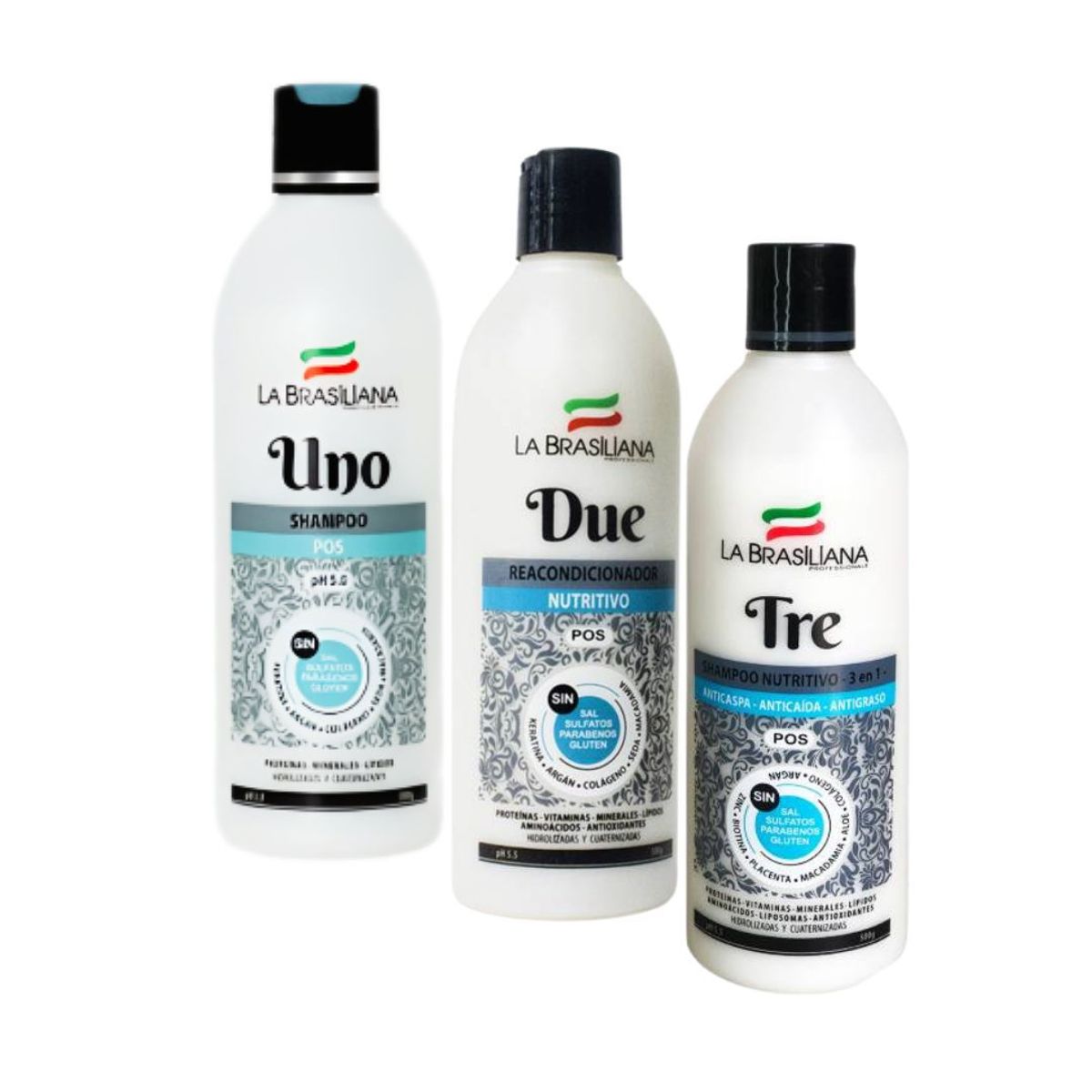 LA BRASILIANA - Shampoo Uno + Acondicionador Due + Shampoo Tre 3En1 Sin Sal La Brasiliana 500 Ml