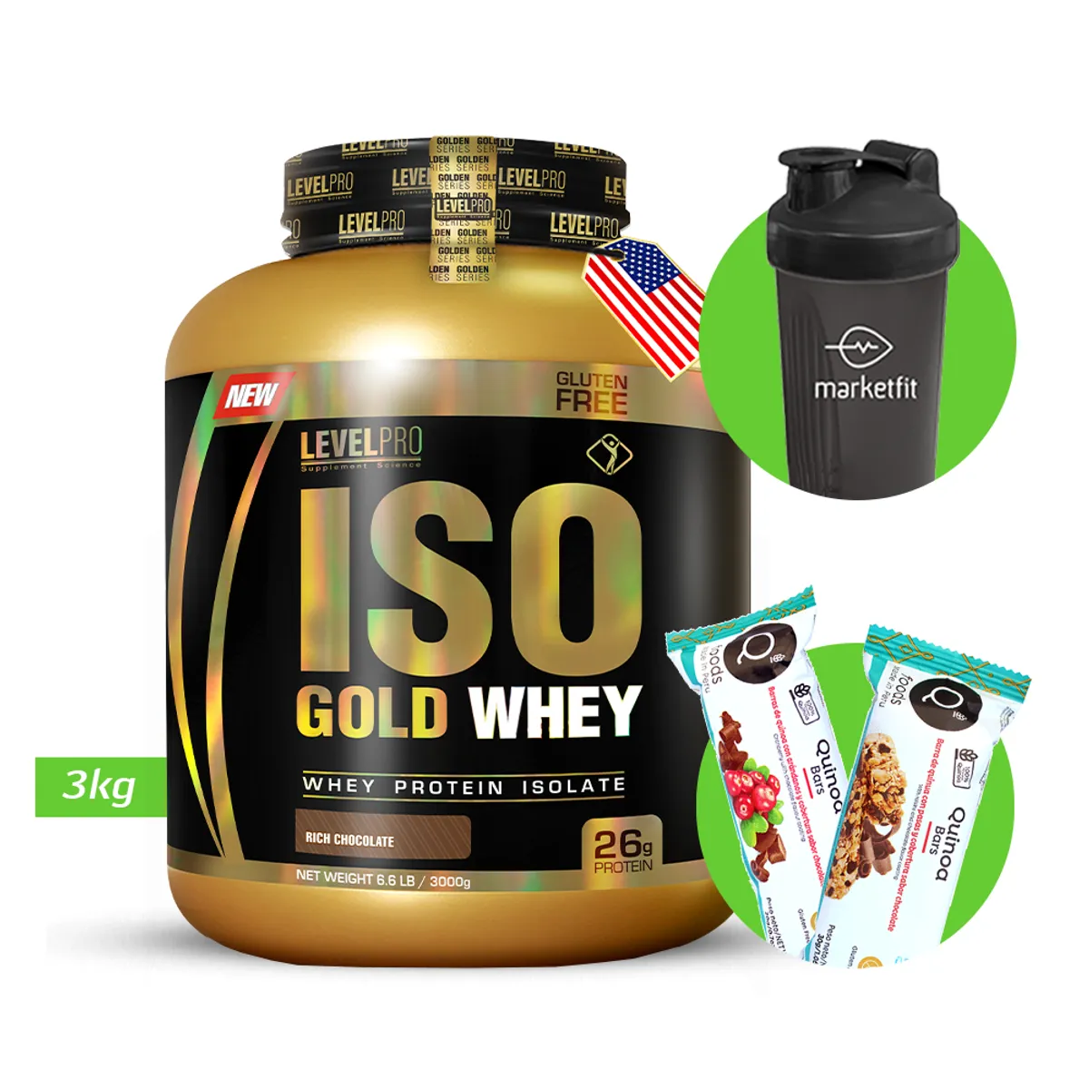 LEVEL PRO - Iso Gold whey 3kg Chocolate LEVEL PRO  + regalos
