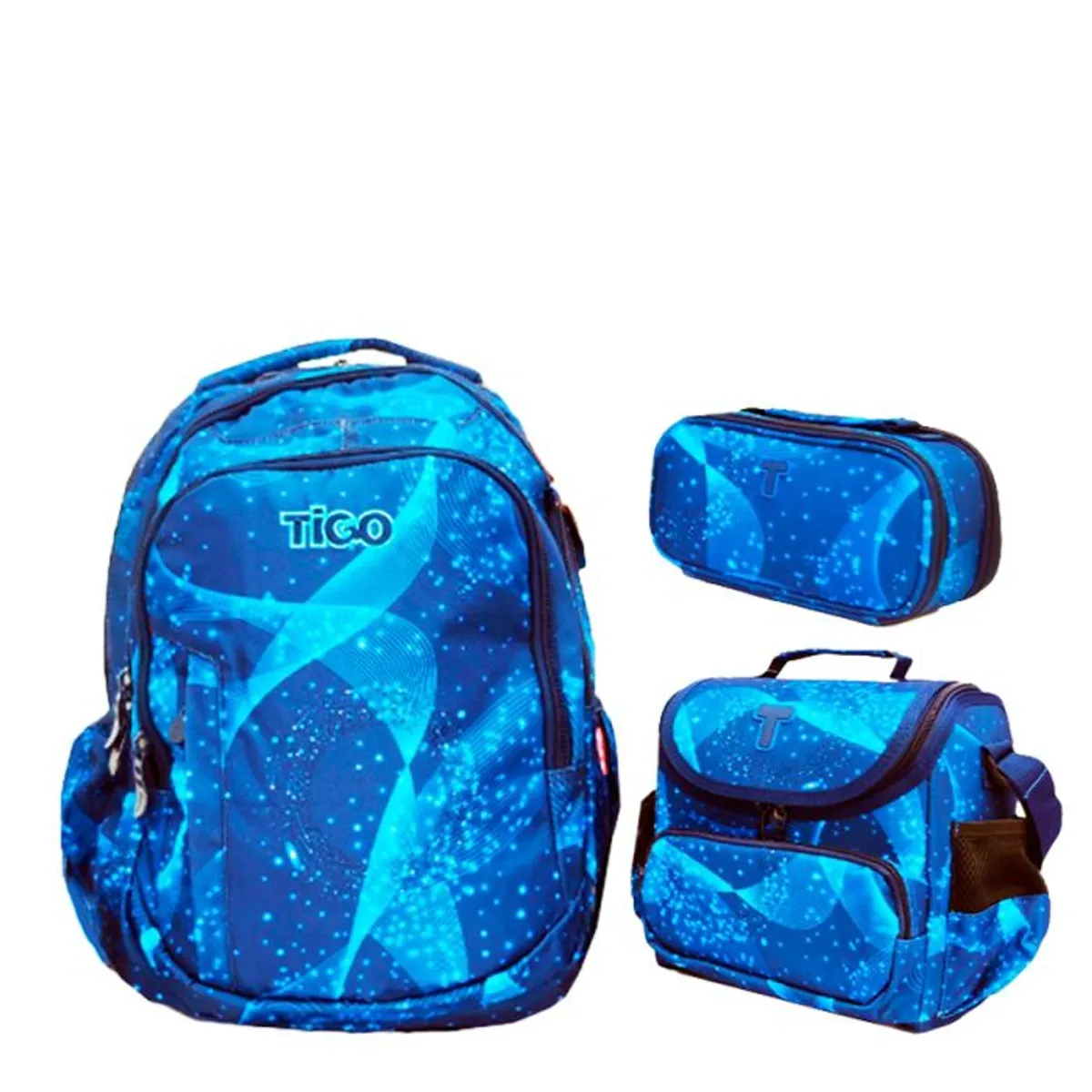TIGO - Set De Mochila De Brazo Lonchera Y Cartuchera Tigo Azul Noche