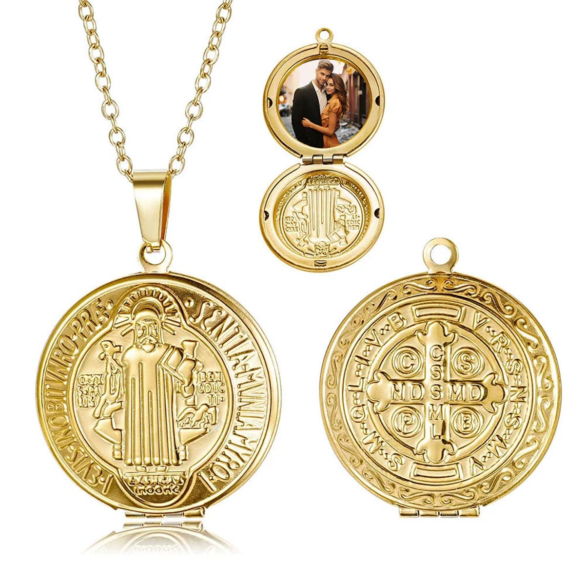GENERICO - Collar Portafoto Relicario San Benito Acero Inoxidable