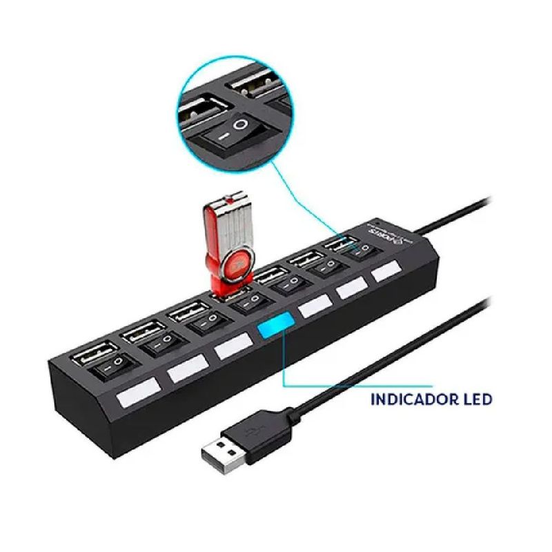 SEISA - Hub 7 Puertos 2.0 Multipuertos Extension Indicador Led 50cm Cable