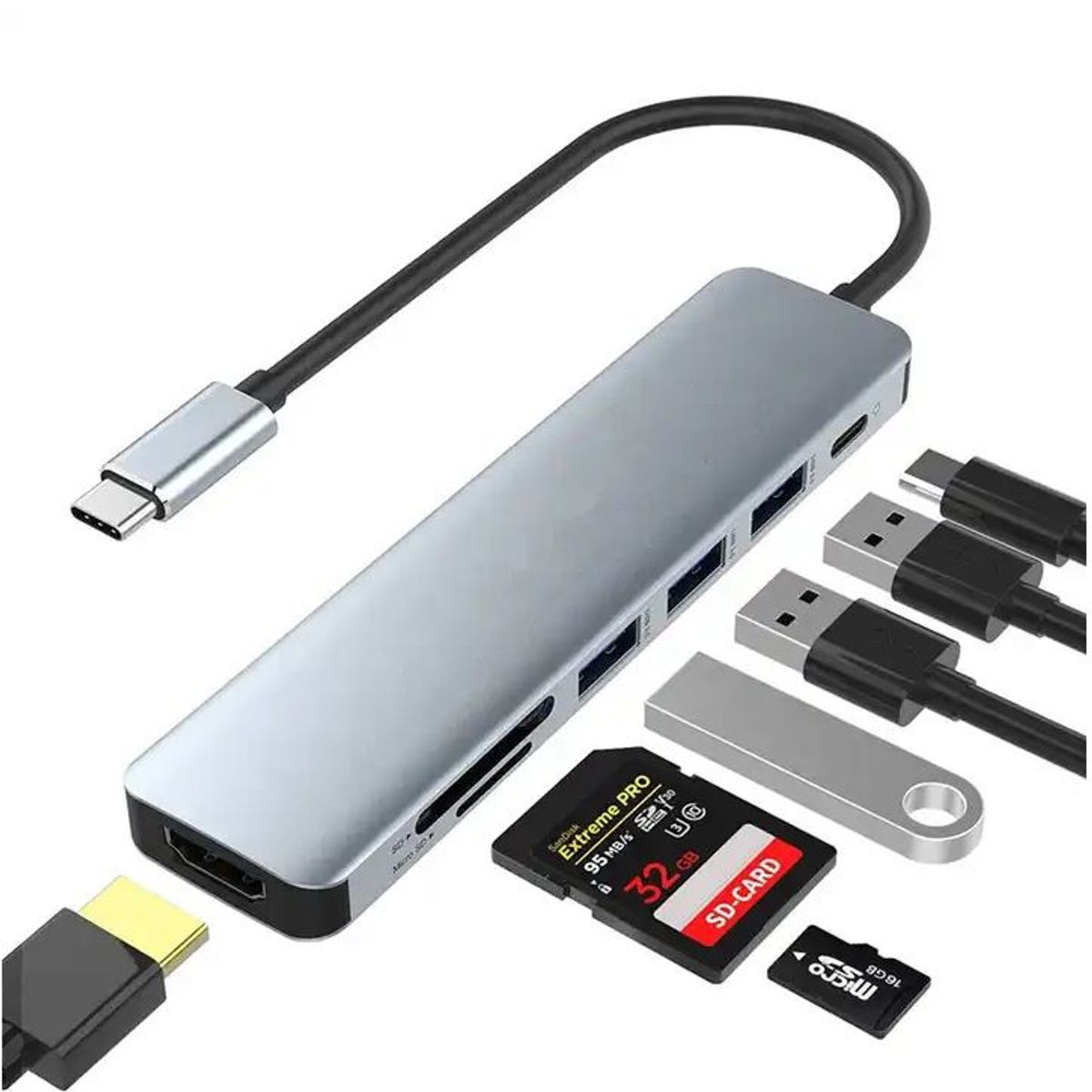 OEM - Hub Adaptador Tipo C 7 en 1 HDMI 4k Multiport Windows Mac - Aluminio