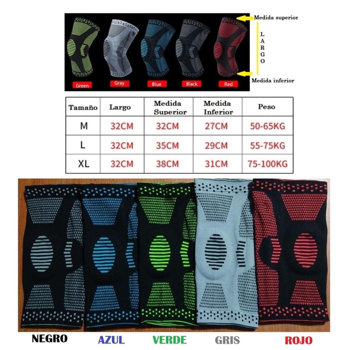 GENERICO - Rodillera con gel de silicona y doble varilla lateral - Negro Talla L