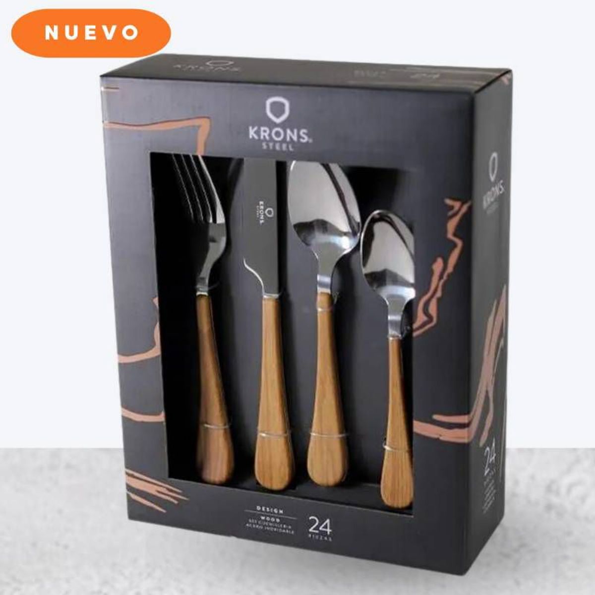 KRONS - Set de Cubiertos X24 Piezas Wood Krons Acero Inox