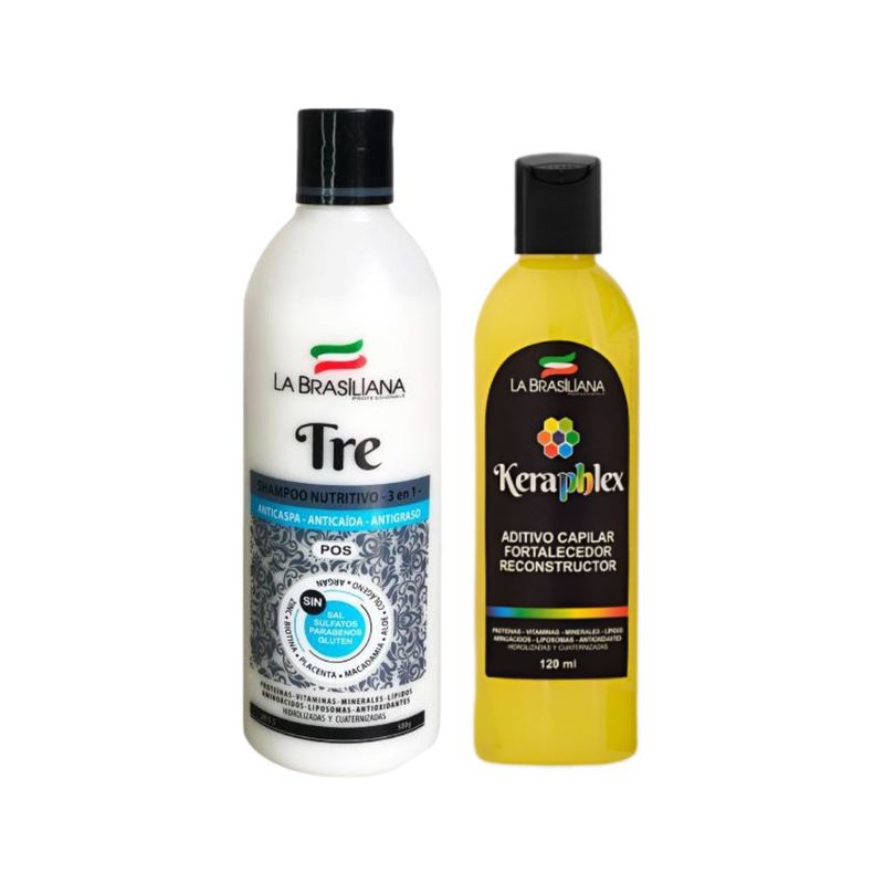 LA BRASILIANA - Shampoo Tre 3En1 Sin Sal 500Ml + Aditivo Keraplex Fort Y Restaur 120Ml La Brasiliana
